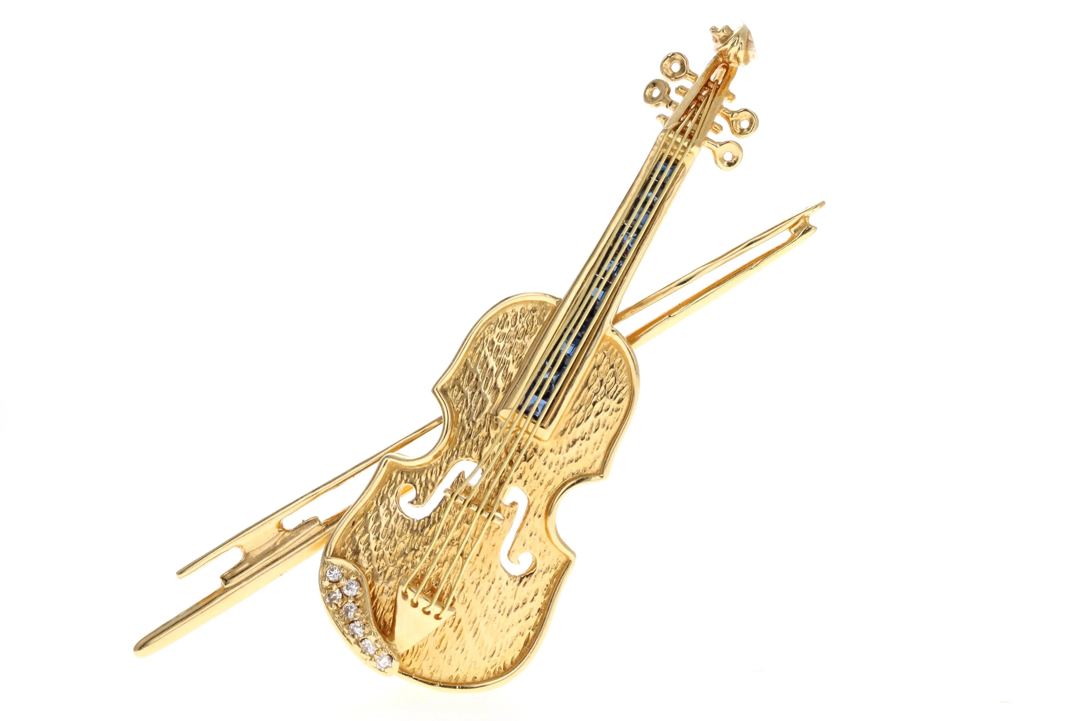 Vintage 18K Yellow Gold Sapphire & Diamond Violin Pendant/Brooch