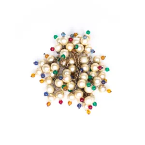 Vintage 1940s Dangling Cha-Cha Style Champagne Pearl and Red, Blue, Green, Yellow Brooch