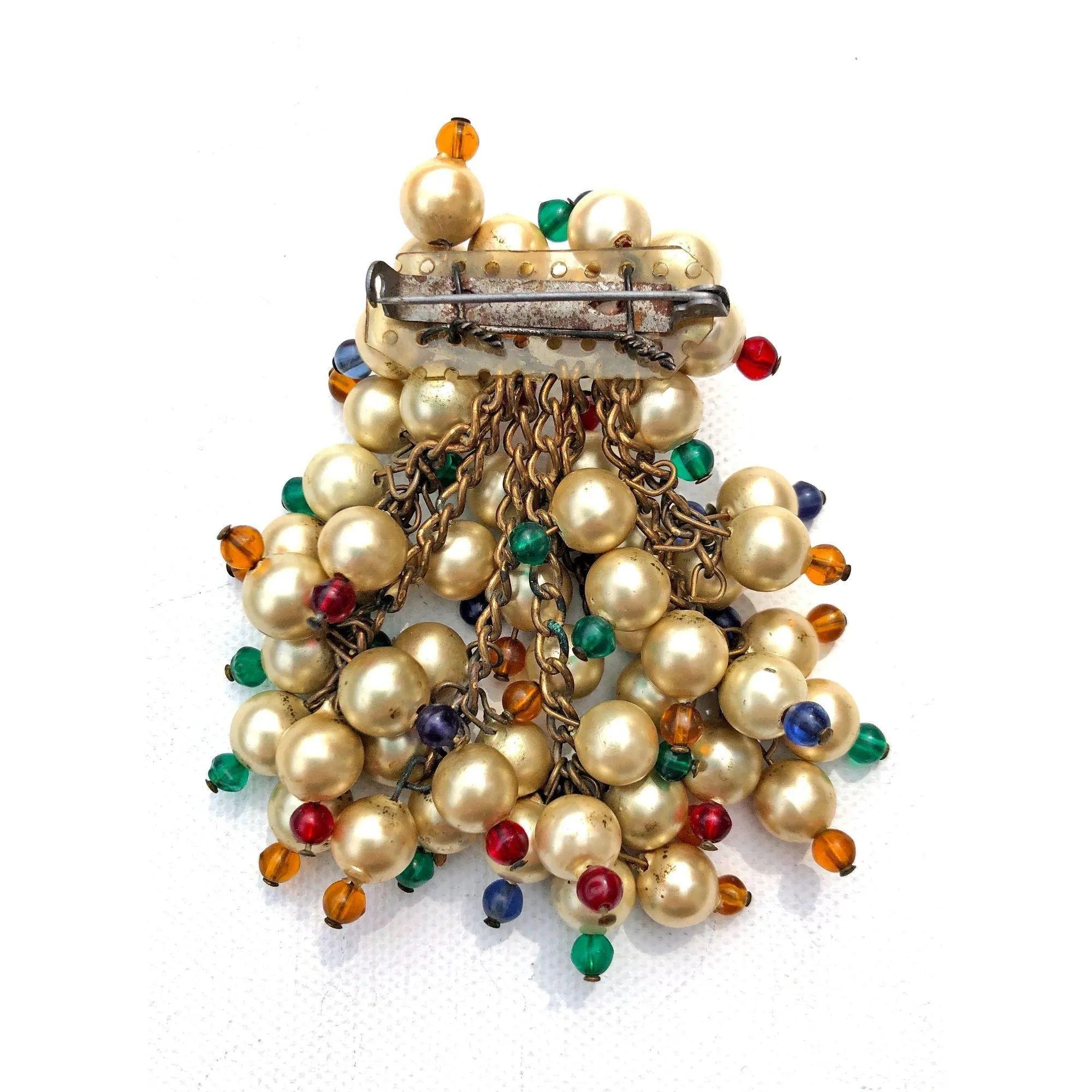 Vintage 1940s Dangling Cha-Cha Style Champagne Pearl and Red, Blue, Green, Yellow Brooch