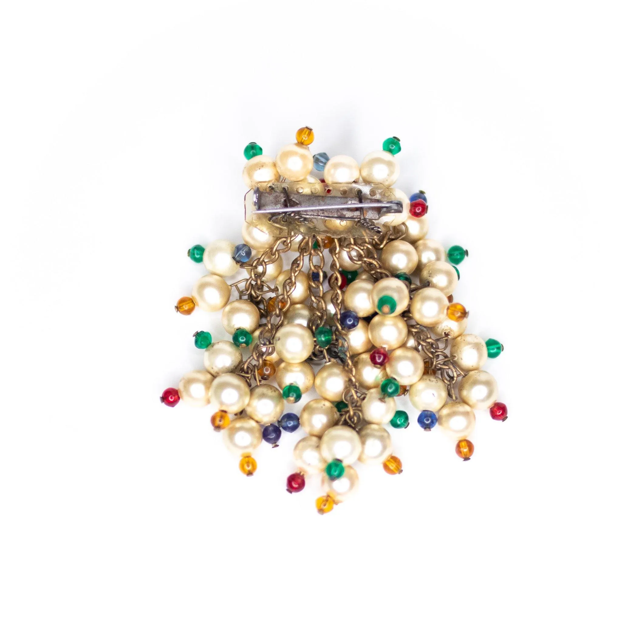 Vintage 1940s Dangling Cha-Cha Style Champagne Pearl and Red, Blue, Green, Yellow Brooch