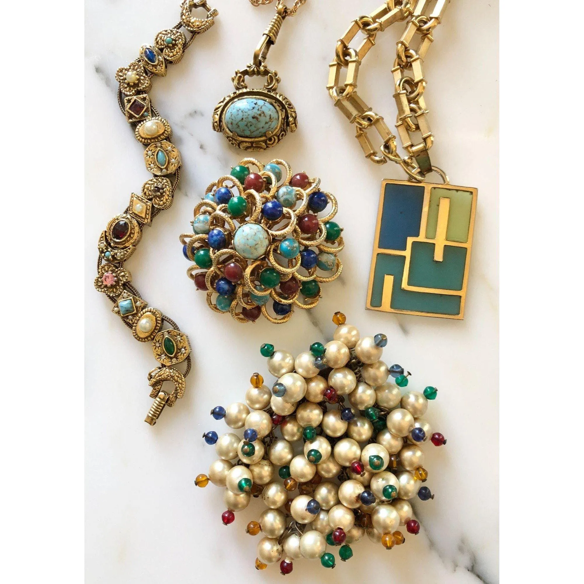 Vintage 1940s Dangling Cha-Cha Style Champagne Pearl and Red, Blue, Green, Yellow Brooch