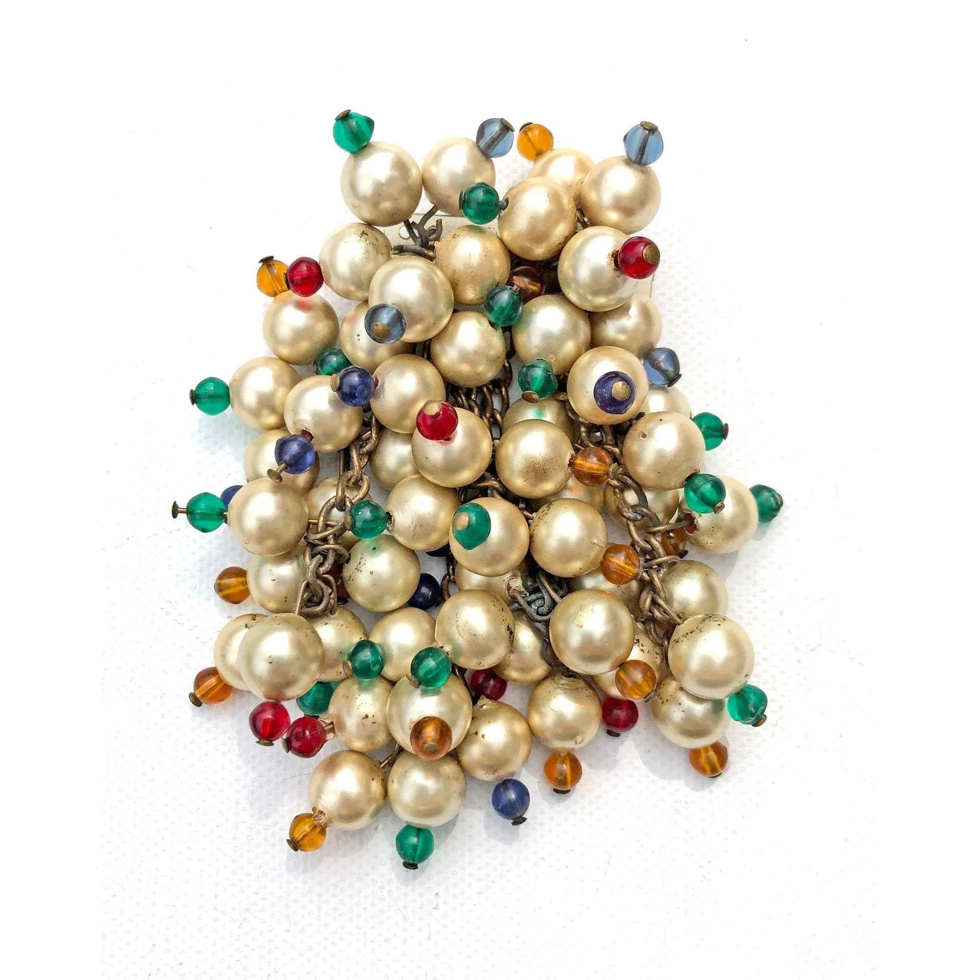 Vintage 1940s Dangling Cha-Cha Style Champagne Pearl and Red, Blue, Green, Yellow Brooch