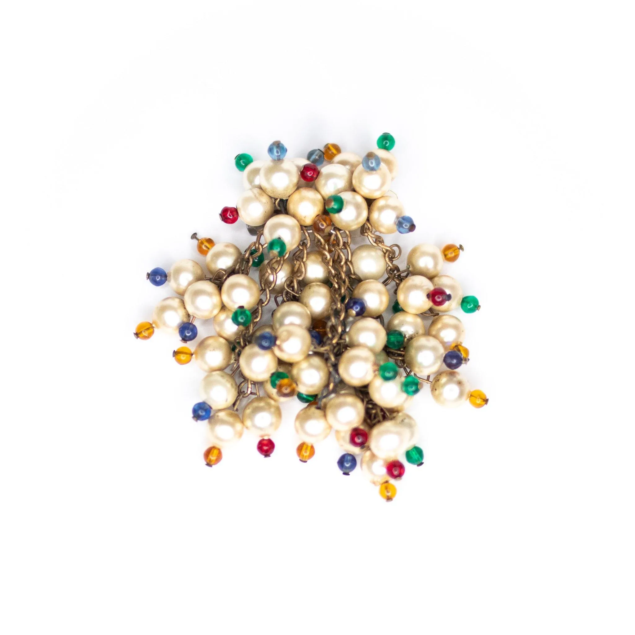 Vintage 1940s Dangling Cha-Cha Style Champagne Pearl and Red, Blue, Green, Yellow Brooch
