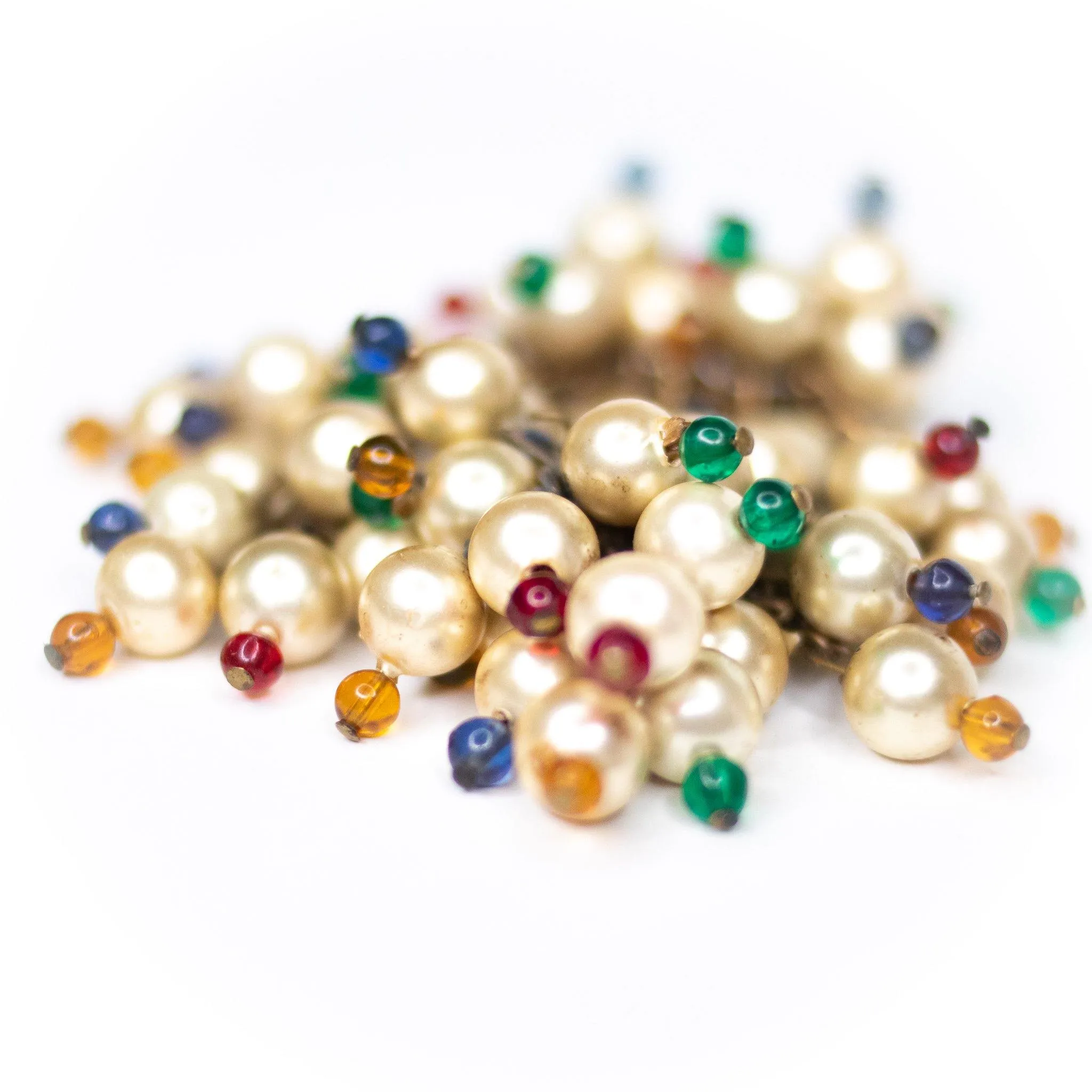 Vintage 1940s Dangling Cha-Cha Style Champagne Pearl and Red, Blue, Green, Yellow Brooch