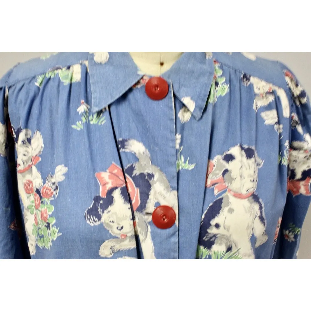 Vintage 1950s Cotton Smock Housewife Shabby Playful Puppies Print Cotton  I Love Lucy S-XL