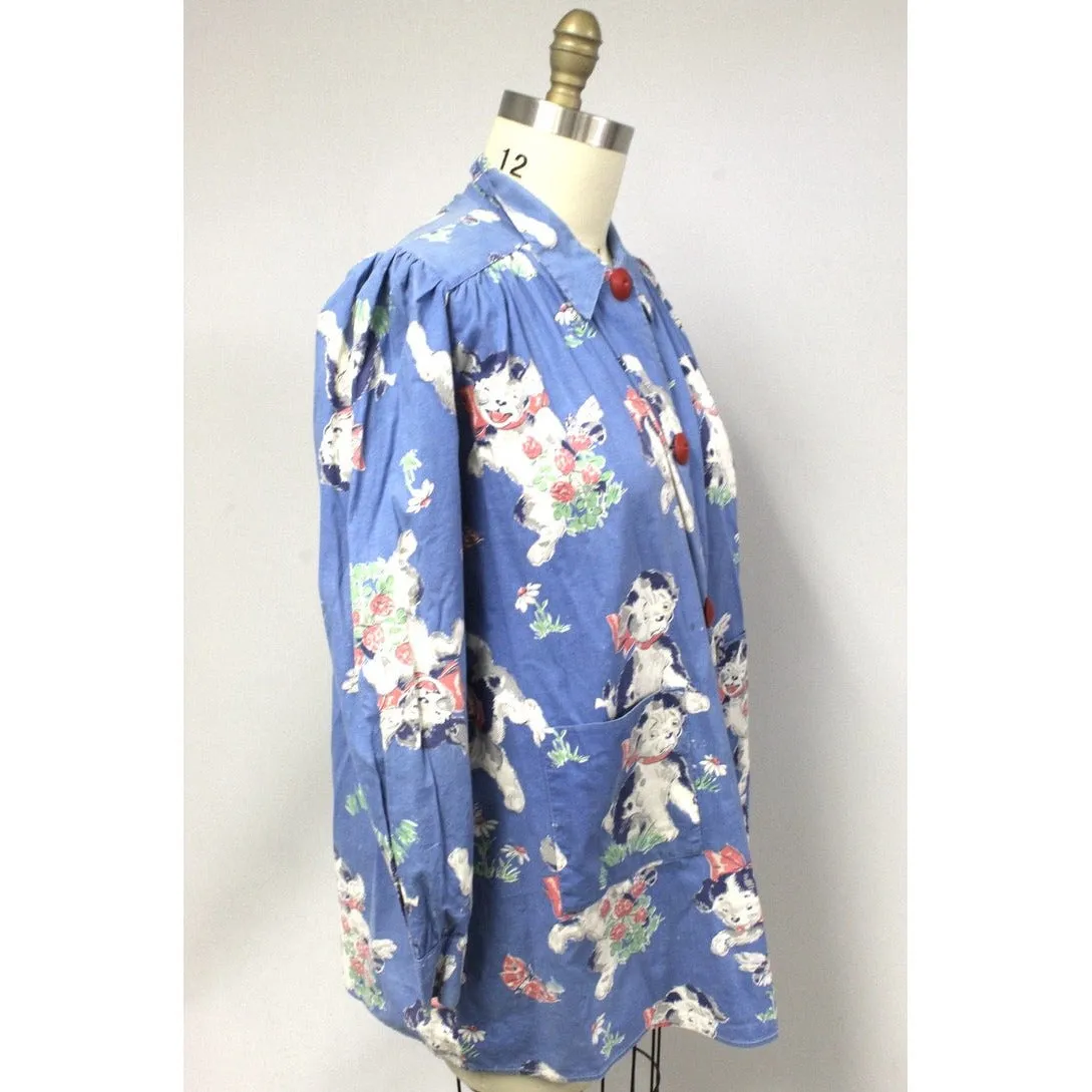 Vintage 1950s Cotton Smock Housewife Shabby Playful Puppies Print Cotton  I Love Lucy S-XL