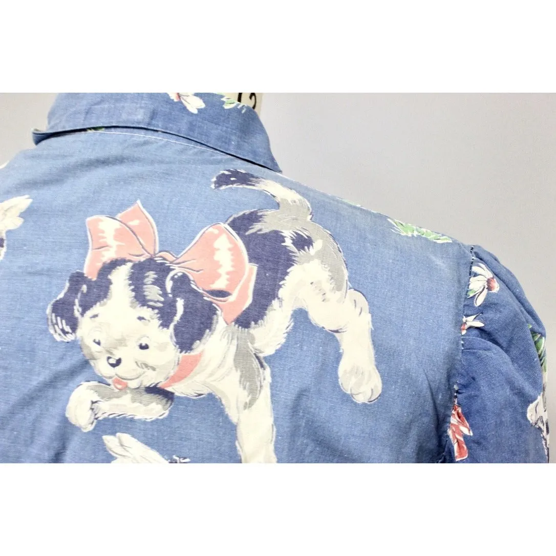 Vintage 1950s Cotton Smock Housewife Shabby Playful Puppies Print Cotton  I Love Lucy S-XL