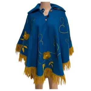 Vintage 70’s Blue Felt Boho Poncho with yellow floral embroidery and fringe. 😍