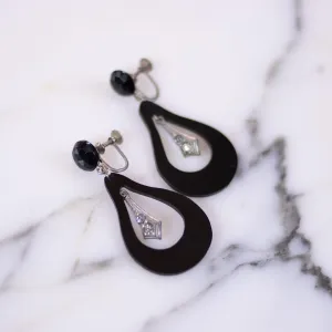 Vintage Art Deco Black Celluloid Doorknocker Earrings with Marcasite Accents