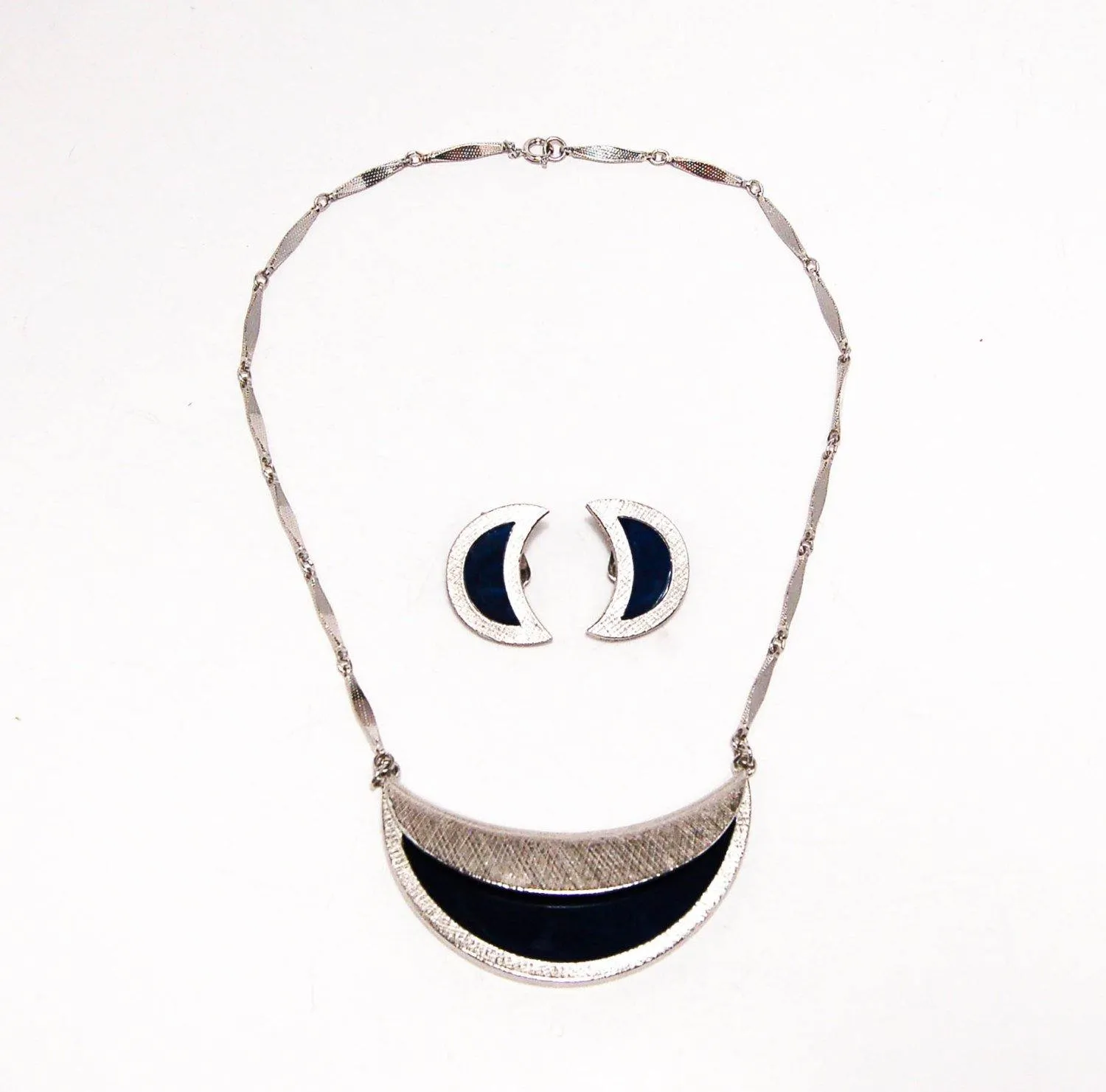 Vintage Bergere Modernist Necklace Earring Set Demi Parure Silver Tone Crescent Moon Shape Dark Blue Lucite