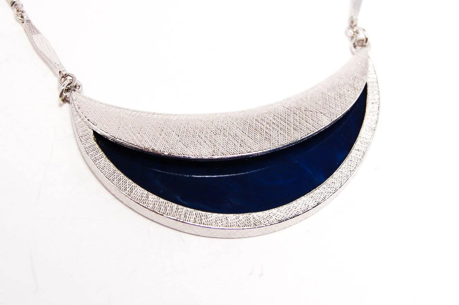 Vintage Bergere Modernist Necklace Earring Set Demi Parure Silver Tone Crescent Moon Shape Dark Blue Lucite