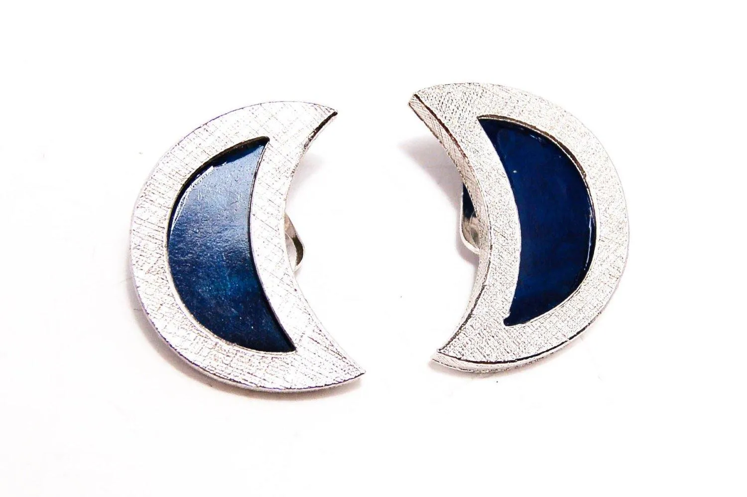 Vintage Bergere Modernist Necklace Earring Set Demi Parure Silver Tone Crescent Moon Shape Dark Blue Lucite