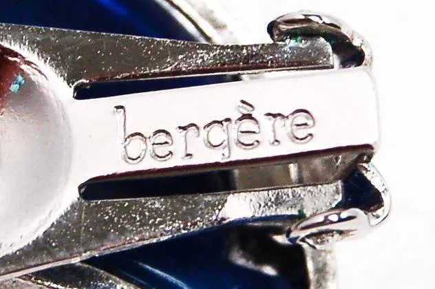 Vintage Bergere Modernist Necklace Earring Set Demi Parure Silver Tone Crescent Moon Shape Dark Blue Lucite