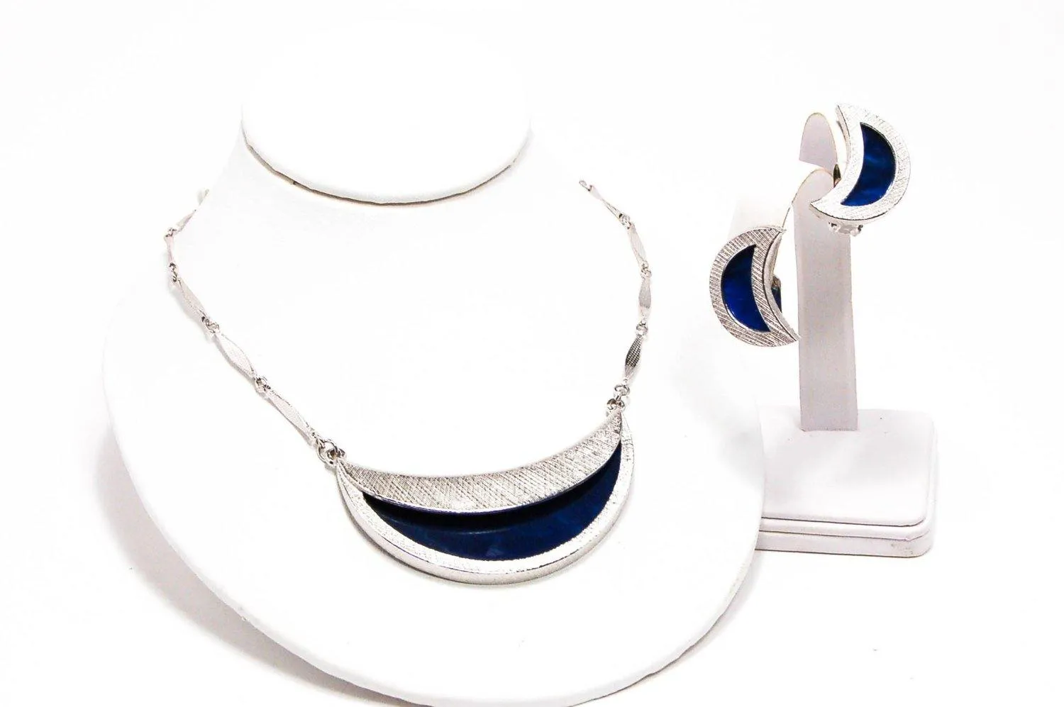 Vintage Bergere Modernist Necklace Earring Set Demi Parure Silver Tone Crescent Moon Shape Dark Blue Lucite