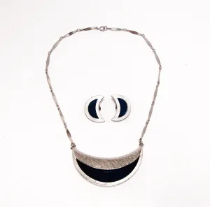Vintage Bergere Modernist Necklace Earring Set Demi Parure Silver Tone Crescent Moon Shape Dark Blue Lucite
