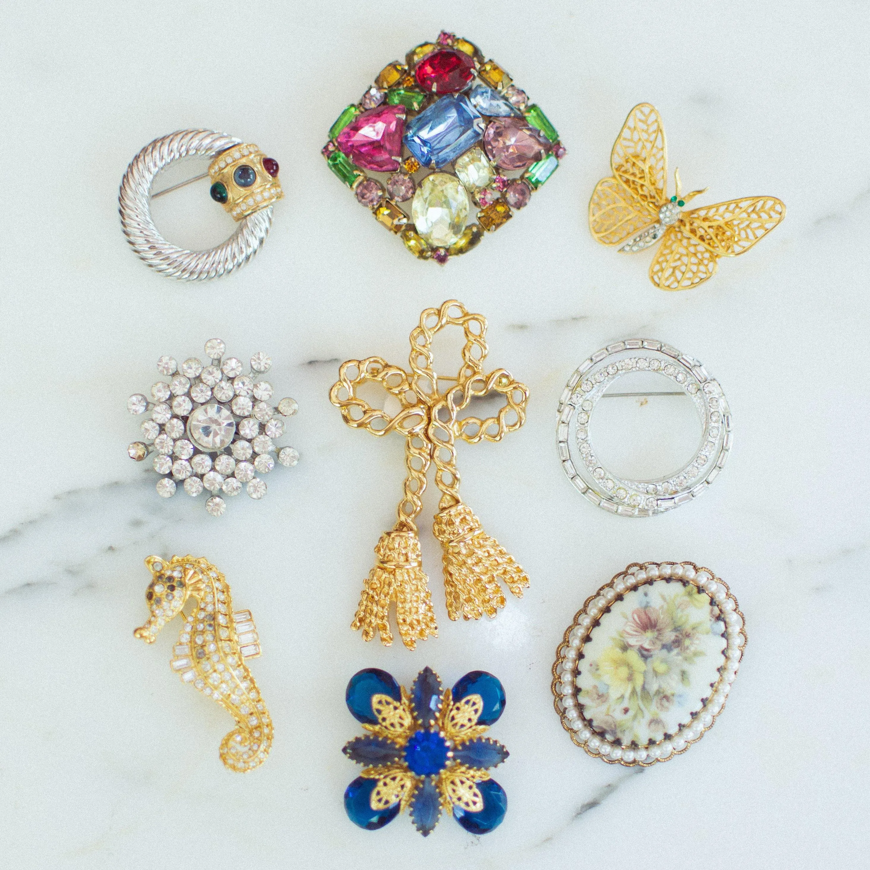 Vintage Blue Rhinestone Brooch, Gold Tone Brooch