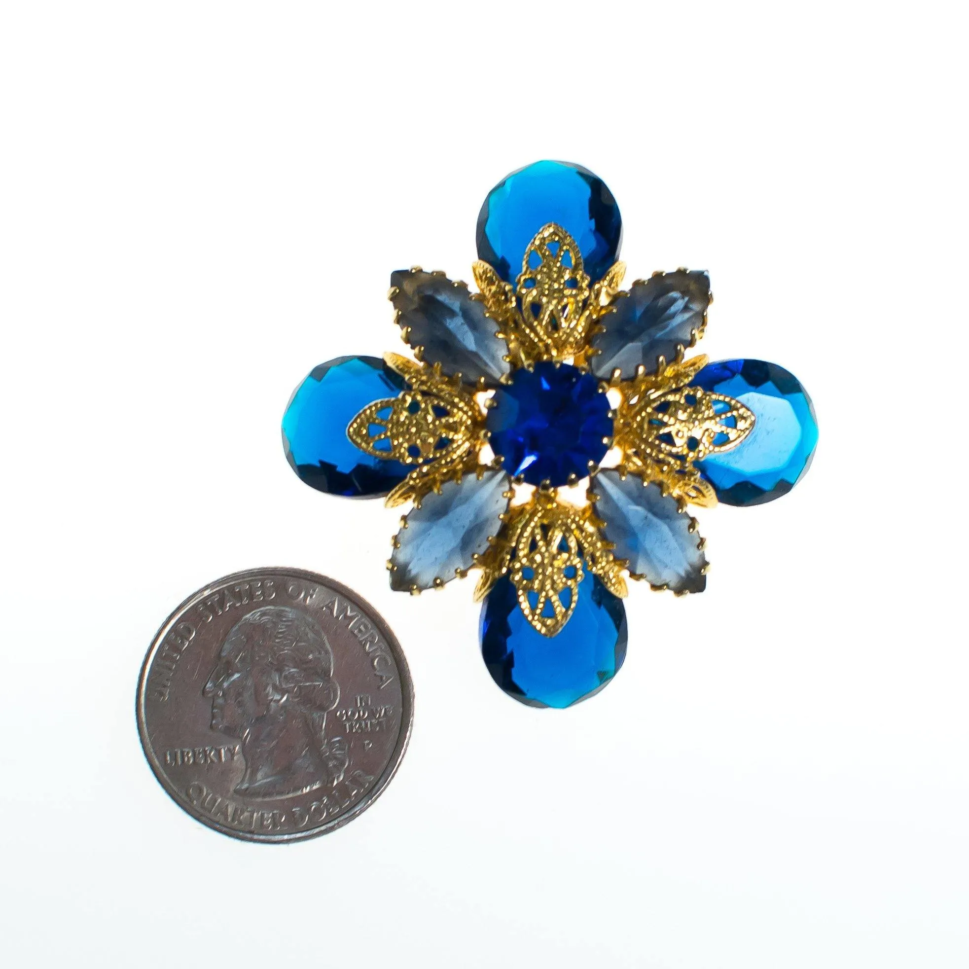 Vintage Blue Rhinestone Brooch, Gold Tone Brooch