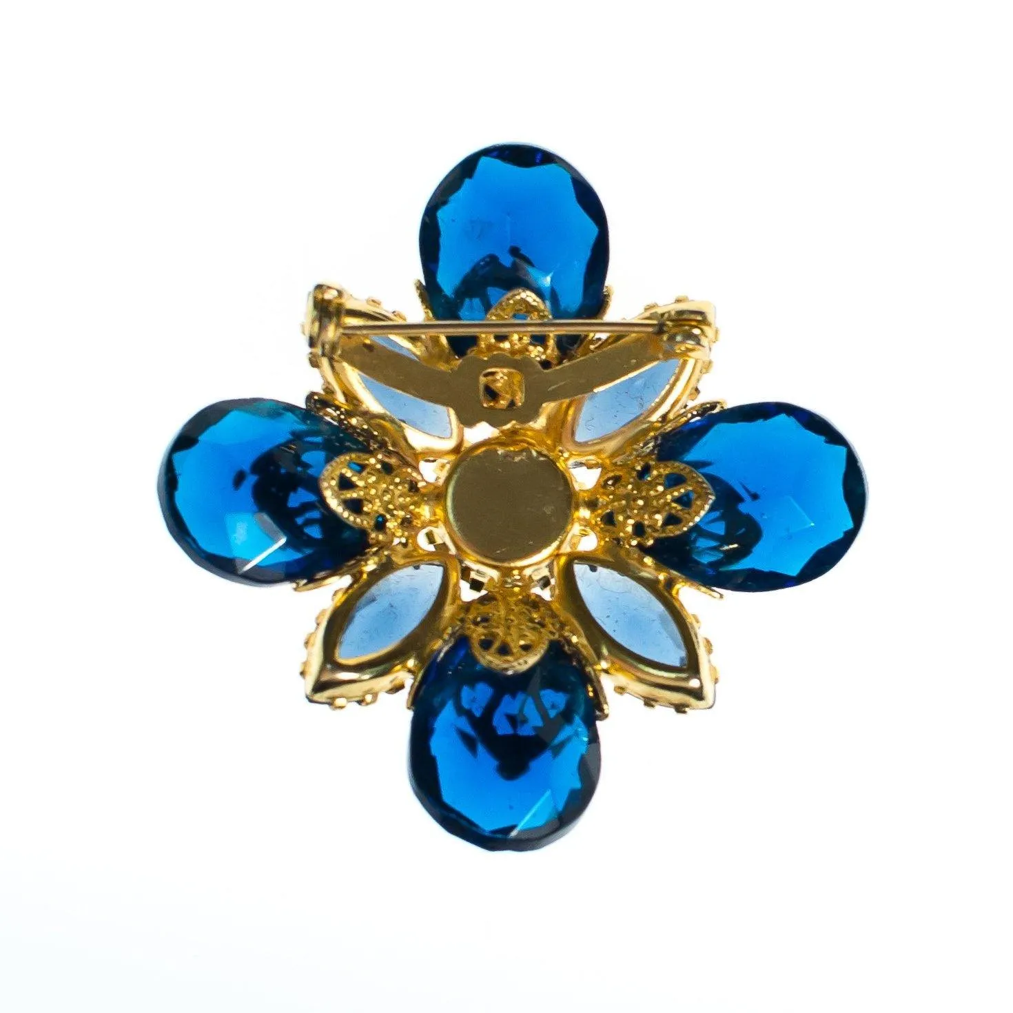Vintage Blue Rhinestone Brooch, Gold Tone Brooch