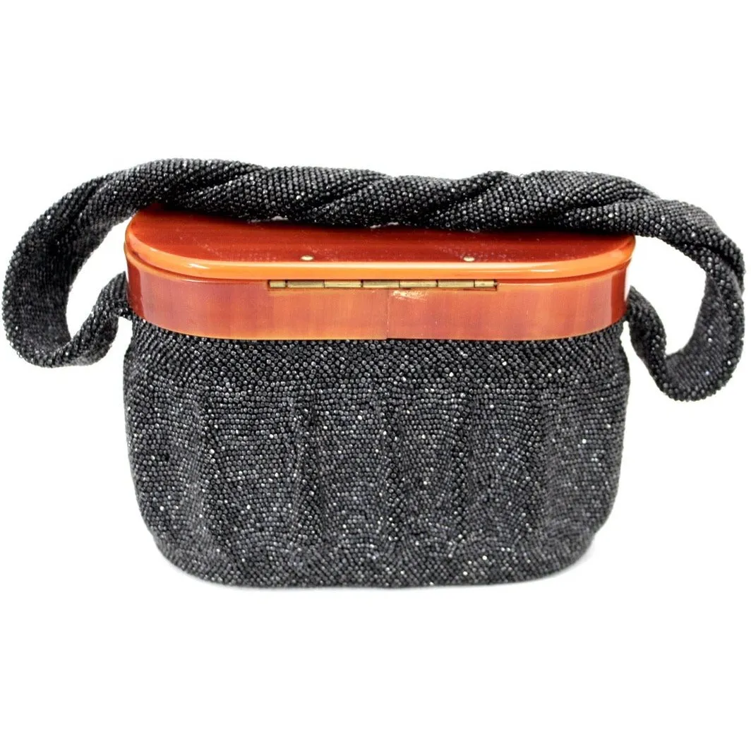 Vintage Box Purse Black Glass Beaded Bag 1940S Womens Butterscotch Bakelite Top