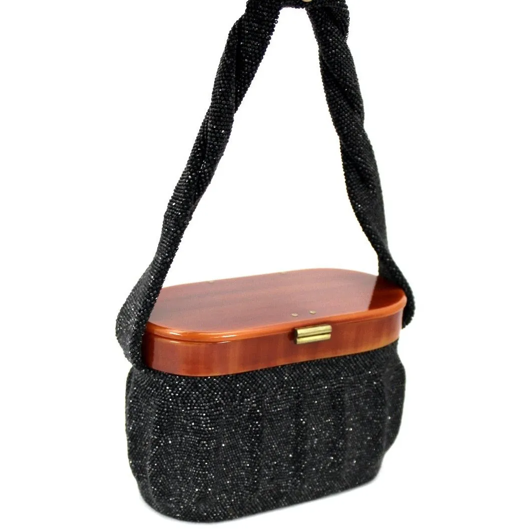 Vintage Box Purse Black Glass Beaded Bag 1940S Womens Butterscotch Bakelite Top