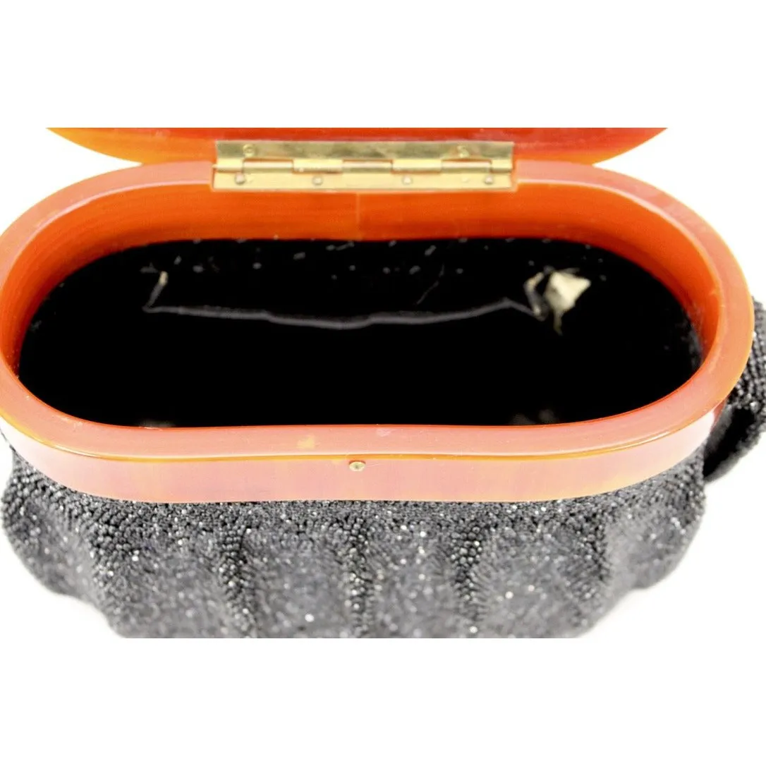 Vintage Box Purse Black Glass Beaded Bag 1940S Womens Butterscotch Bakelite Top