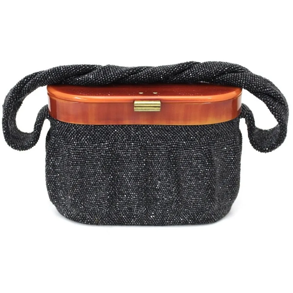 Vintage Box Purse Black Glass Beaded Bag 1940S Womens Butterscotch Bakelite Top