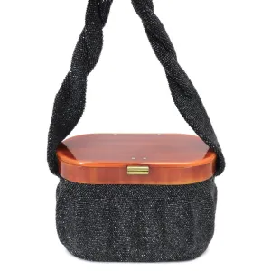 Vintage Box Purse Black Glass Beaded Bag 1940S Womens Butterscotch Bakelite Top