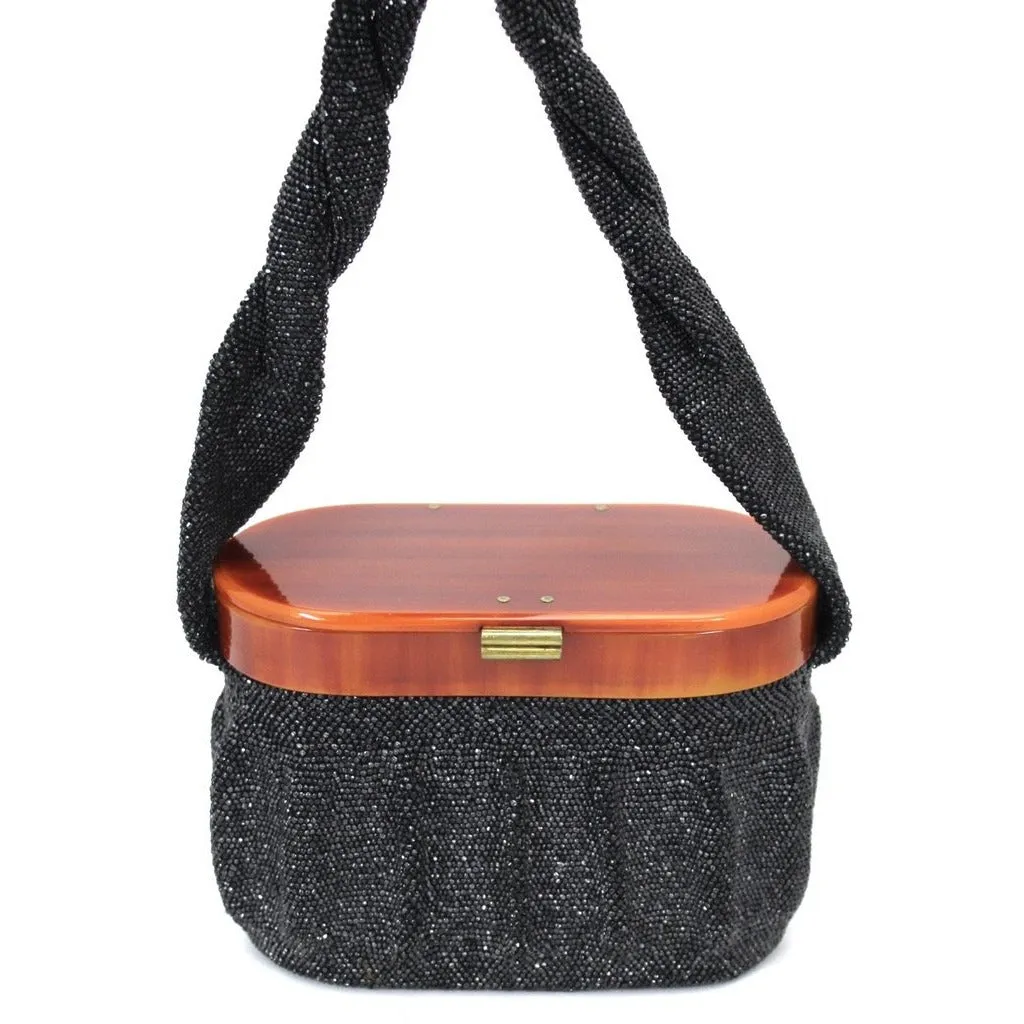 Vintage Box Purse Black Glass Beaded Bag 1940S Womens Butterscotch Bakelite Top