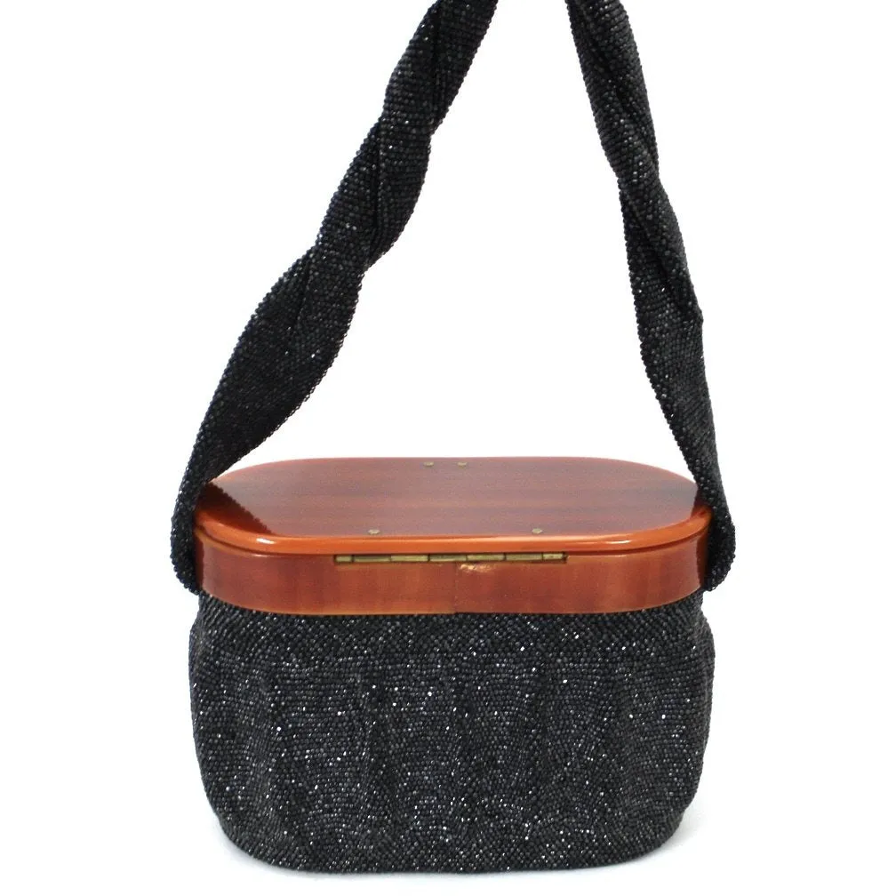 Vintage Box Purse Black Glass Beaded Bag 1940S Womens Butterscotch Bakelite Top