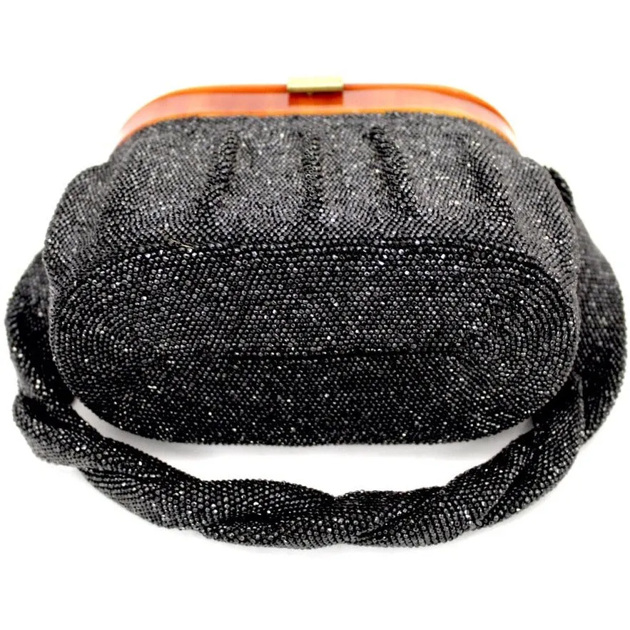 Vintage Box Purse Black Glass Beaded Bag 1940S Womens Butterscotch Bakelite Top