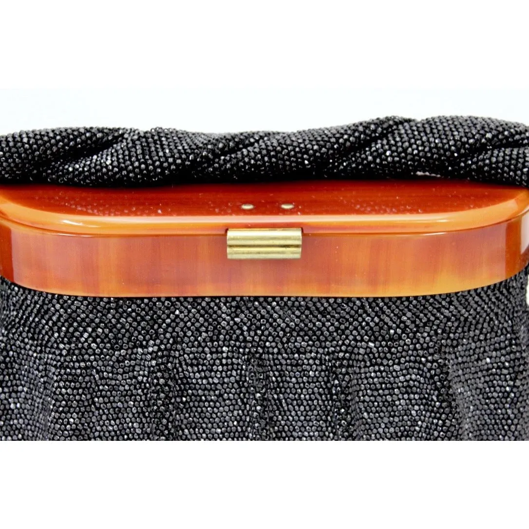 Vintage Box Purse Black Glass Beaded Bag 1940S Womens Butterscotch Bakelite Top