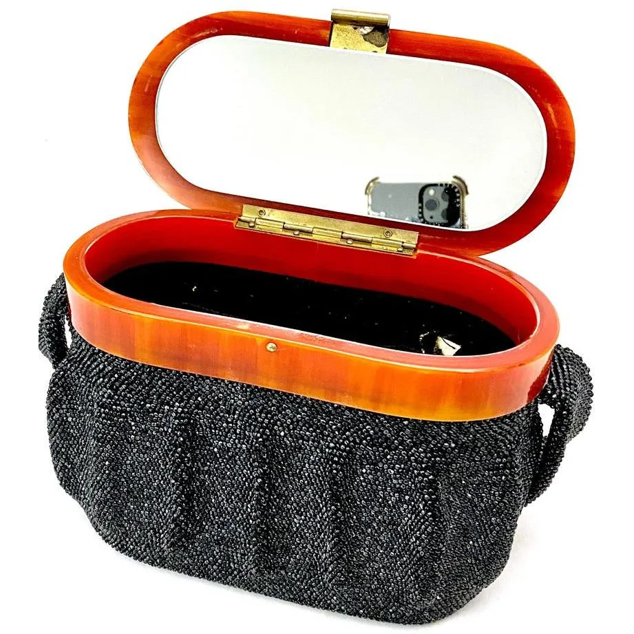 Vintage Box Purse Black Glass Beaded Bag 1940S Womens Butterscotch Bakelite Top