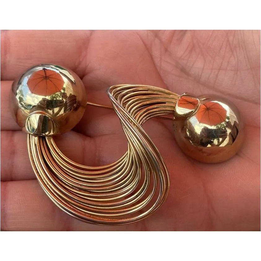 Vintage Brooch Huge Statement Gold Tone Abstract Swirl 1940S Large