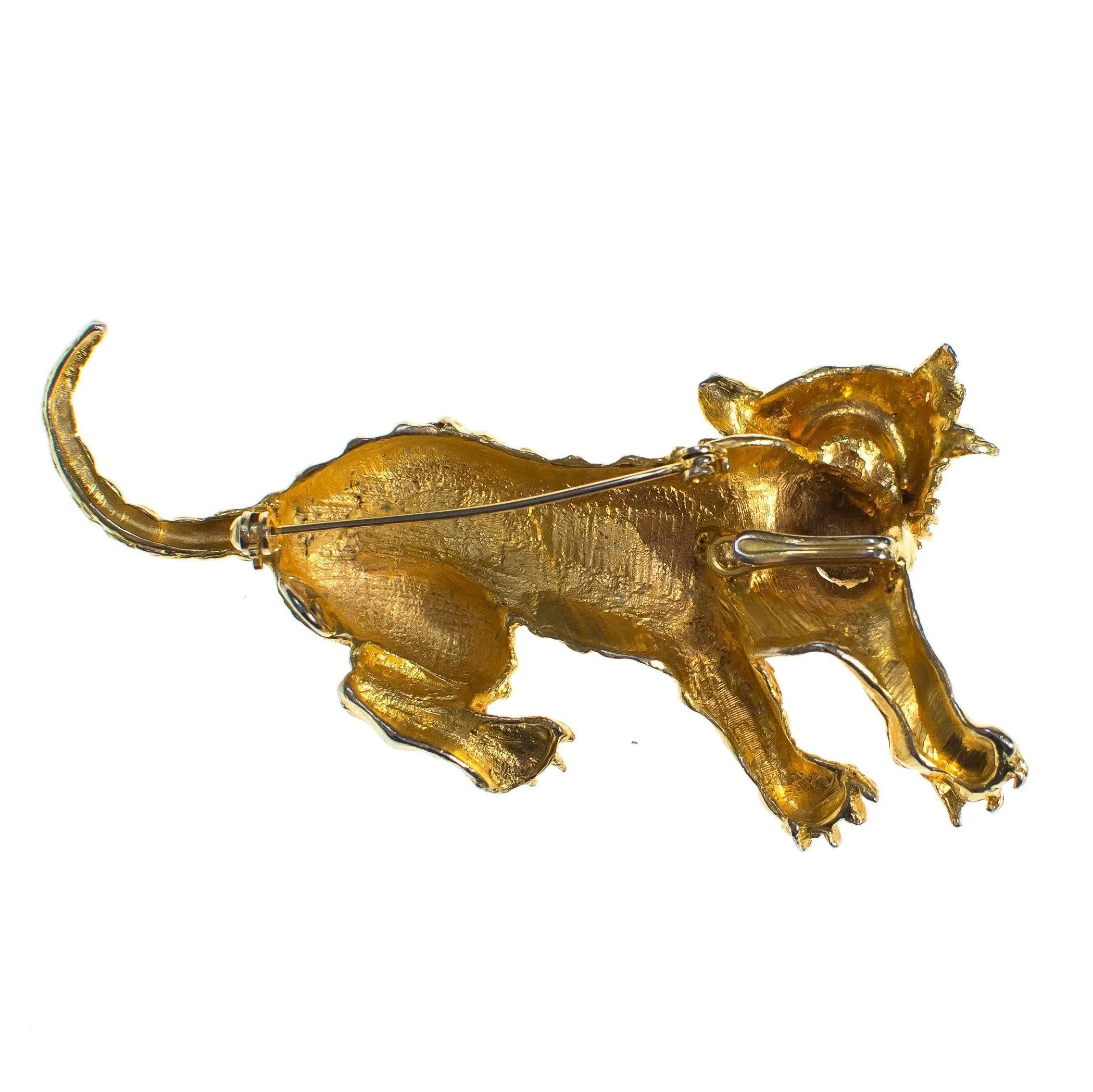 Vintage Brushed Gold Tone Roaring Tiger Brooch