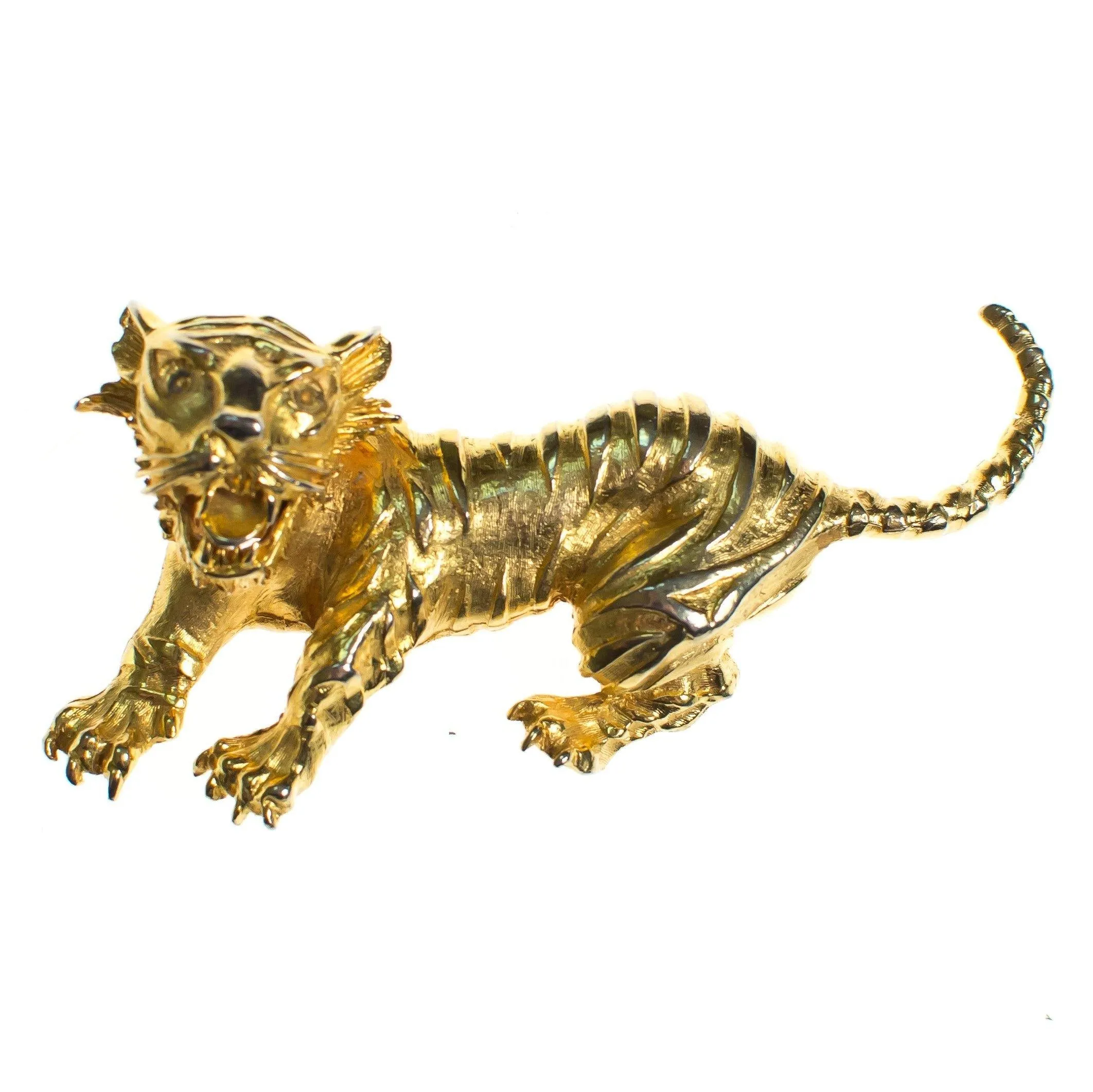Vintage Brushed Gold Tone Roaring Tiger Brooch