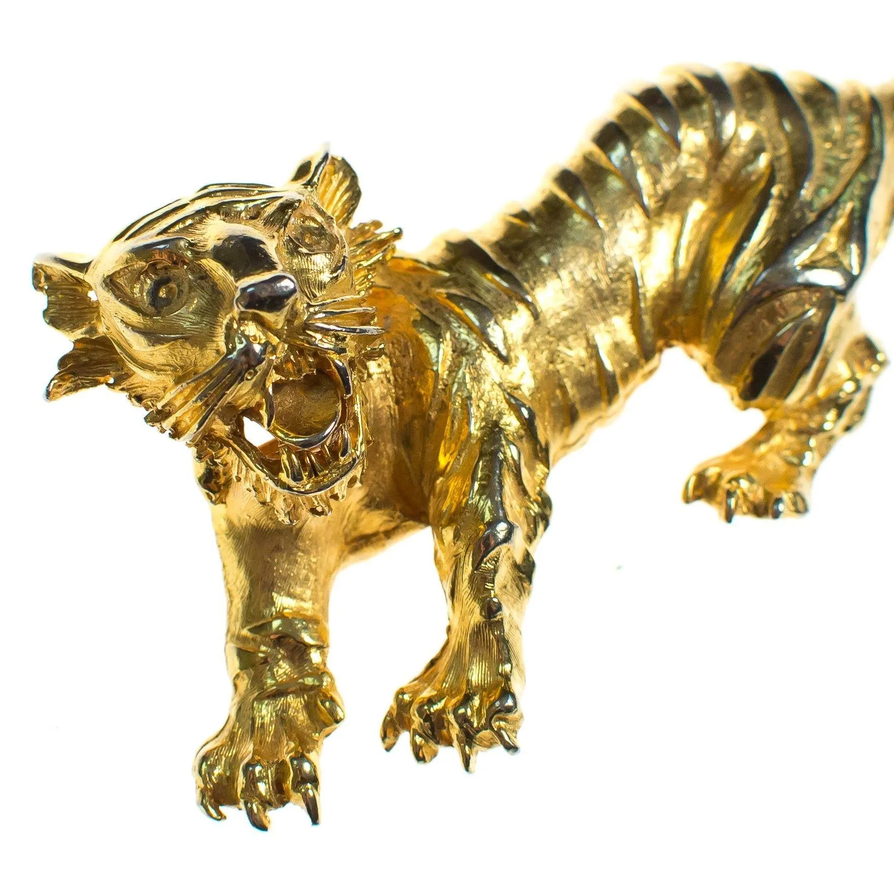 Vintage Brushed Gold Tone Roaring Tiger Brooch