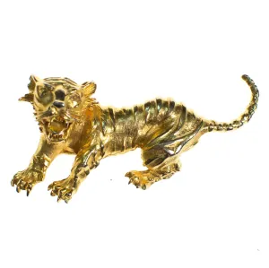 Vintage Brushed Gold Tone Roaring Tiger Brooch