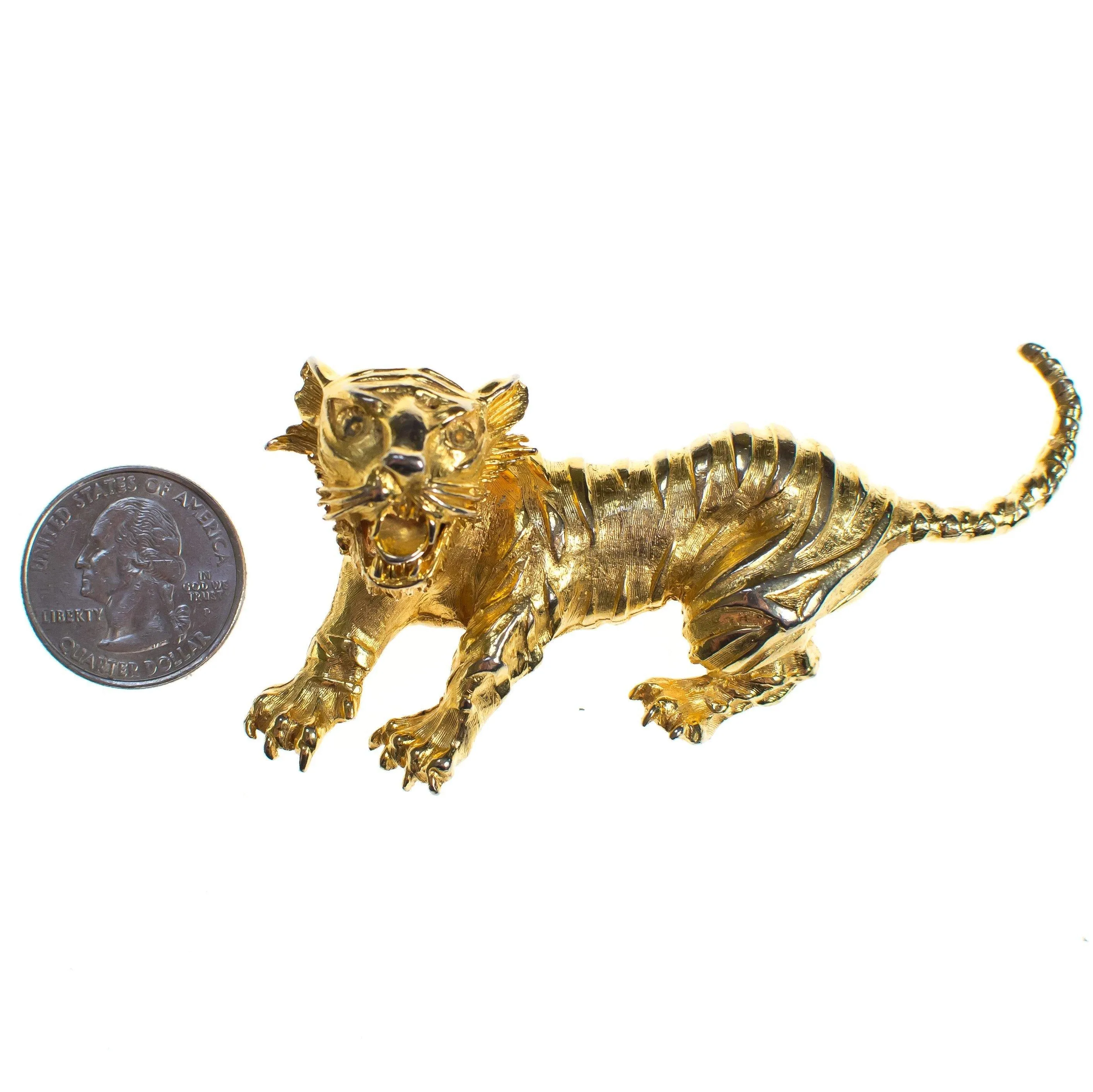 Vintage Brushed Gold Tone Roaring Tiger Brooch