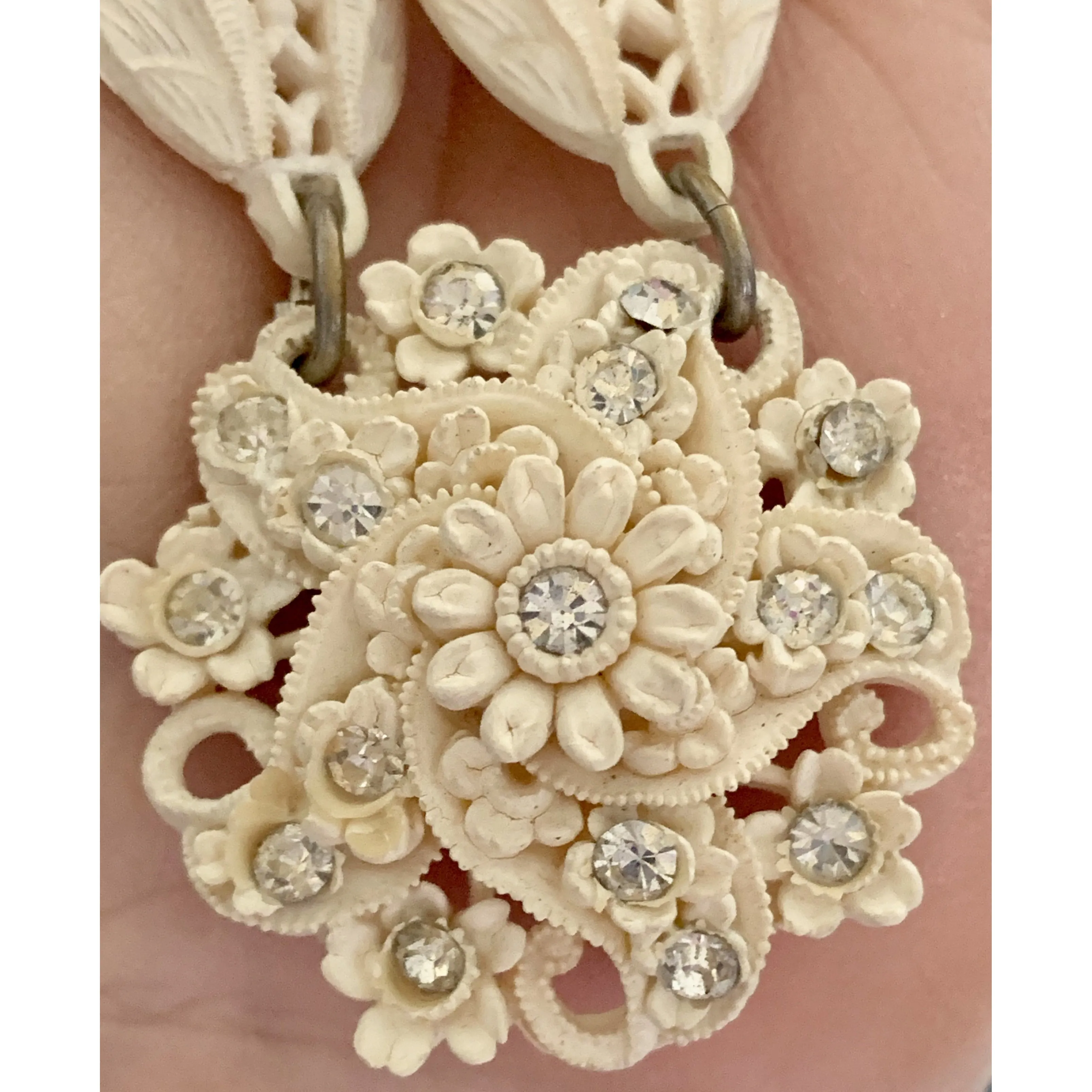 Vintage Carved Pierced Ivory Celluloid Necklace 1930s Rhinestones Flowers Wedding