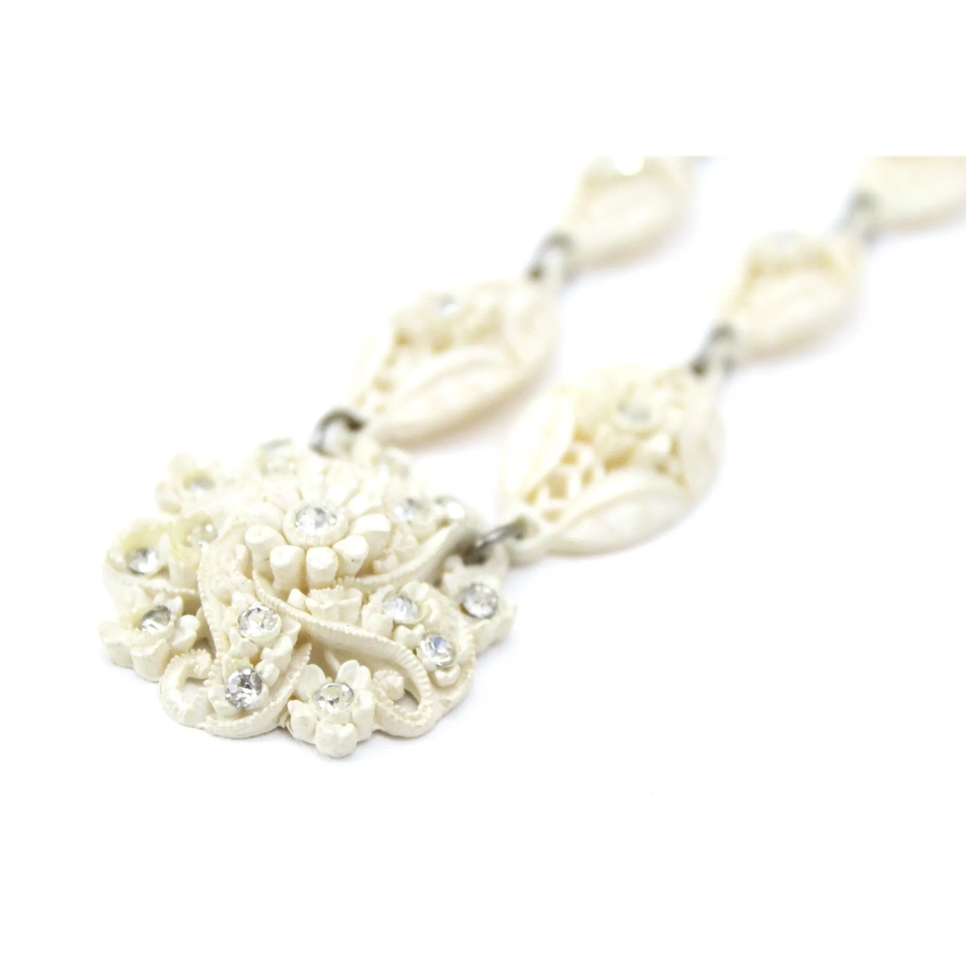 Vintage Carved Pierced Ivory Celluloid Necklace 1930s Rhinestones Flowers Wedding