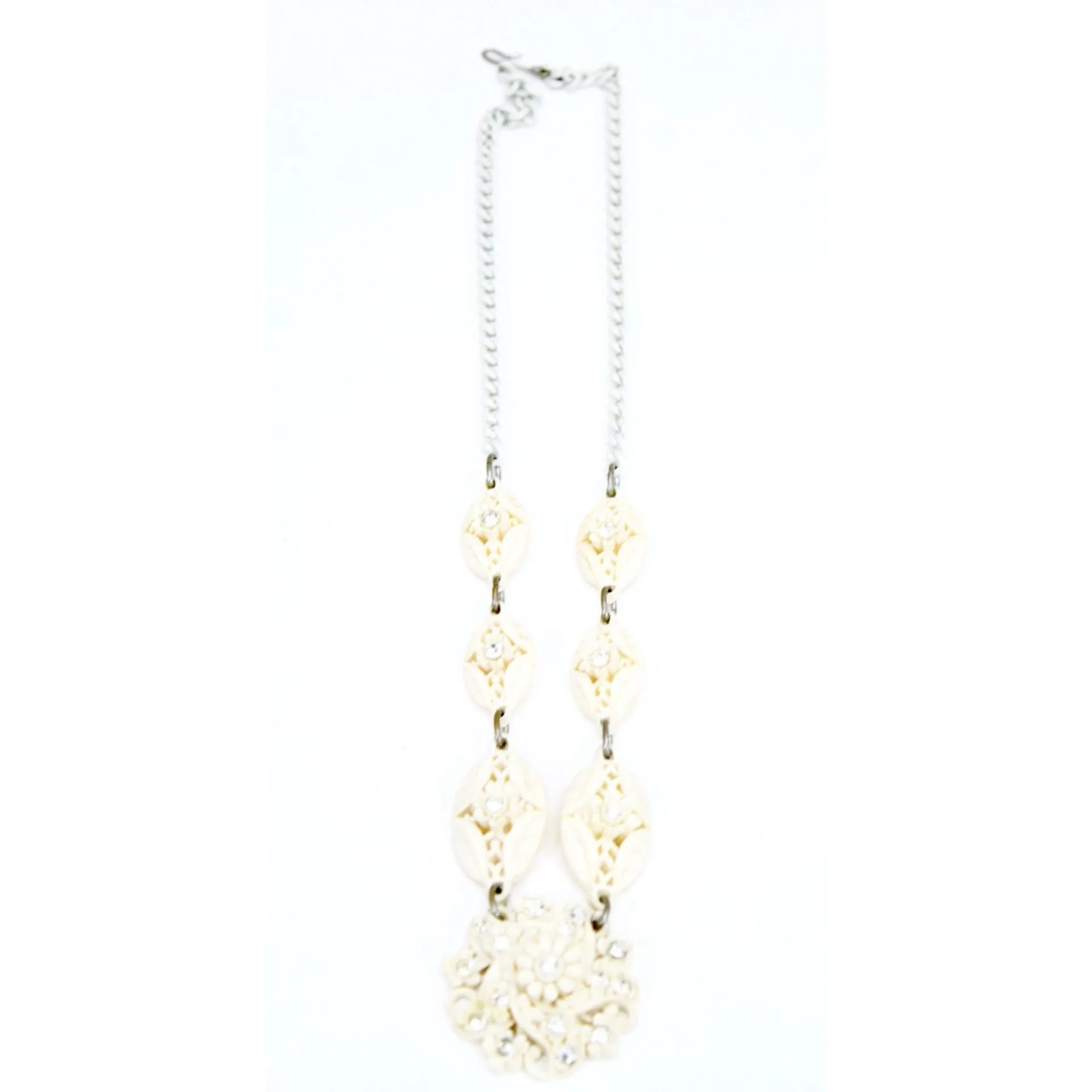 Vintage Carved Pierced Ivory Celluloid Necklace 1930s Rhinestones Flowers Wedding