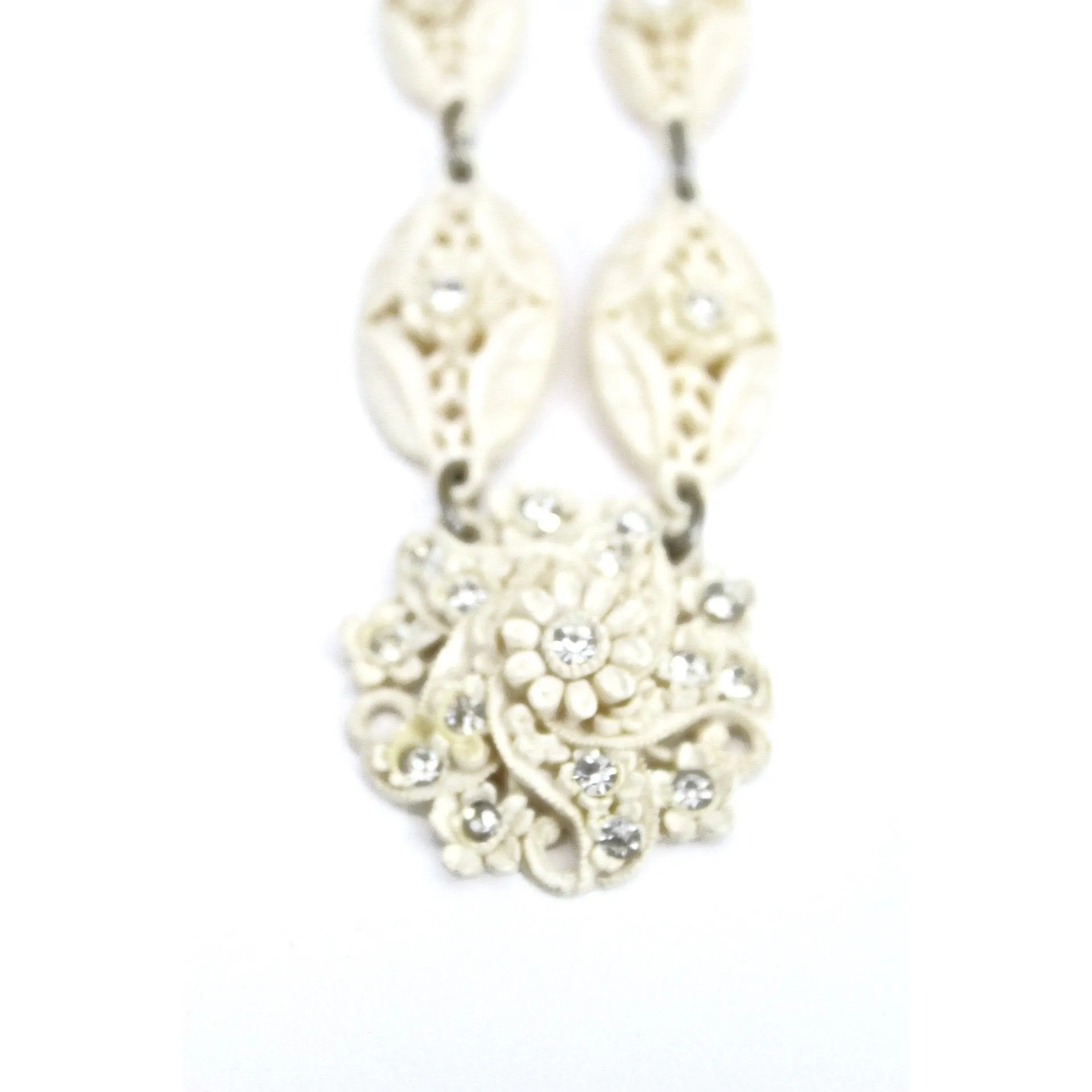 Vintage Carved Pierced Ivory Celluloid Necklace 1930s Rhinestones Flowers Wedding