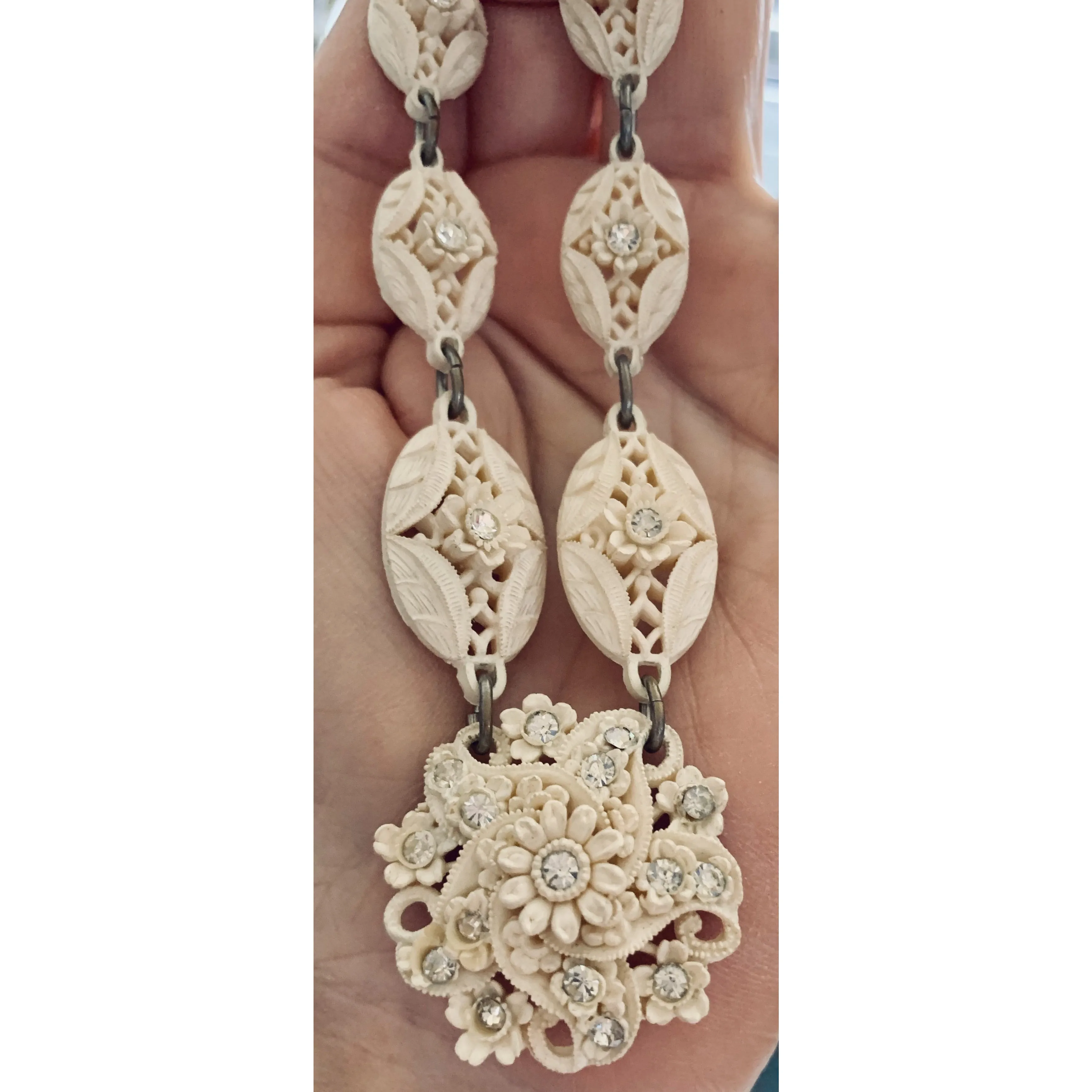 Vintage Carved Pierced Ivory Celluloid Necklace 1930s Rhinestones Flowers Wedding
