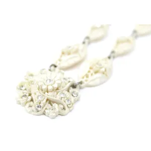 Vintage Carved Pierced Ivory Celluloid Necklace 1930s Rhinestones Flowers Wedding