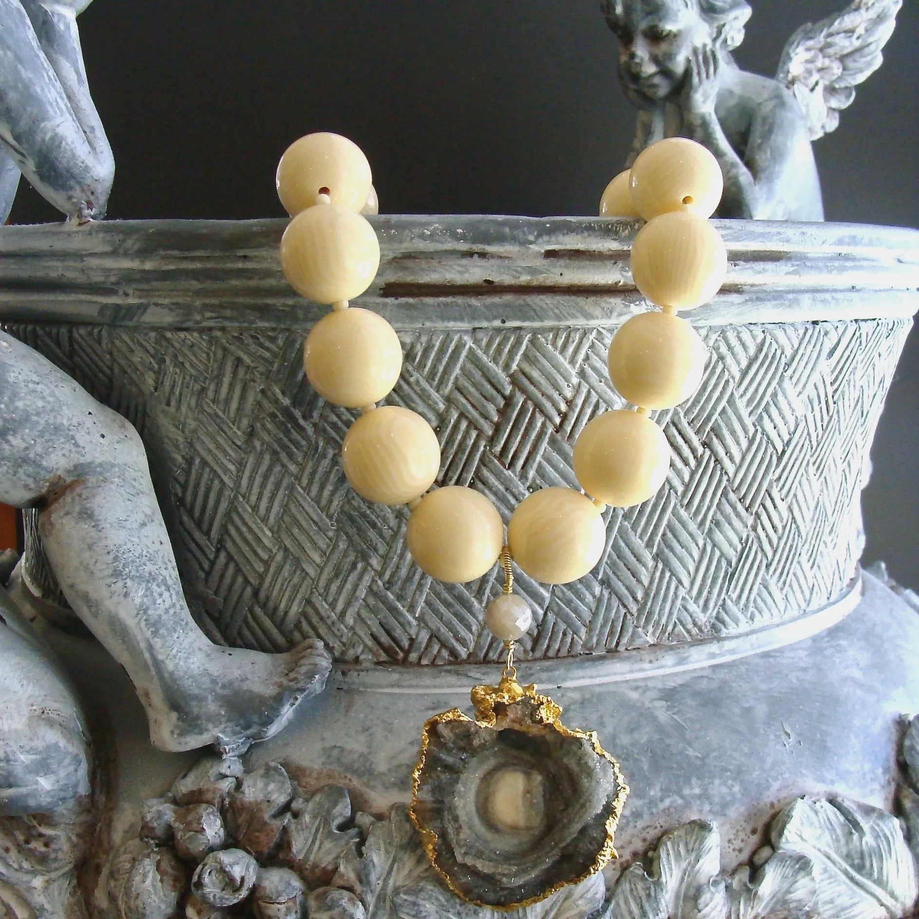 Vintage Celluloid French Ivory and Conchina Druzy Pendant Necklace - Mitzi Necklace