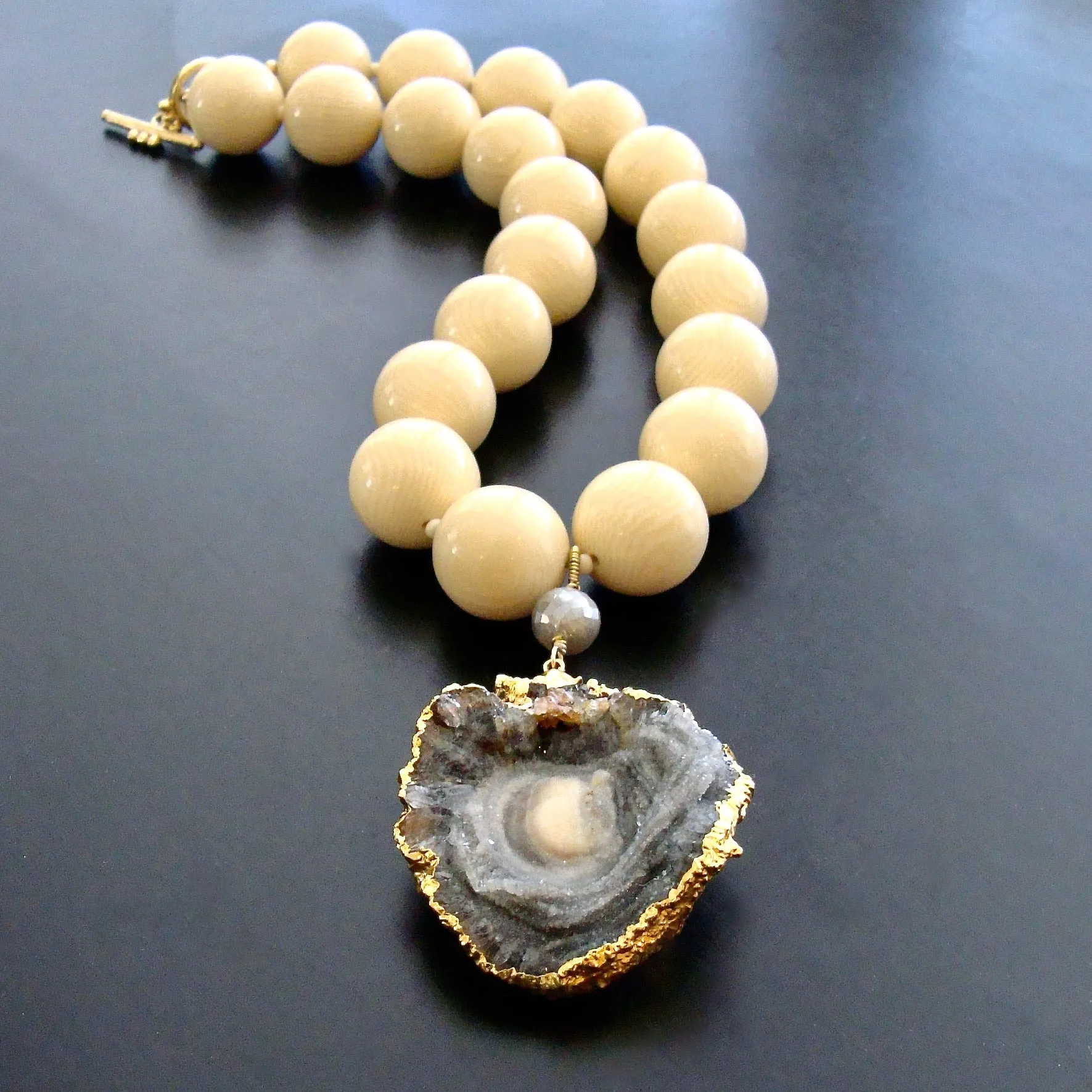 Vintage Celluloid French Ivory and Conchina Druzy Pendant Necklace - Mitzi Necklace