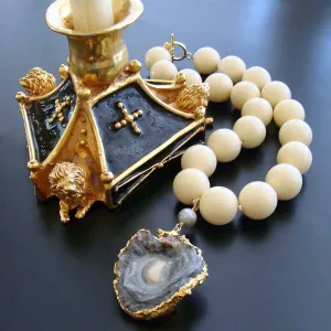 Vintage Celluloid French Ivory and Conchina Druzy Pendant Necklace - Mitzi Necklace