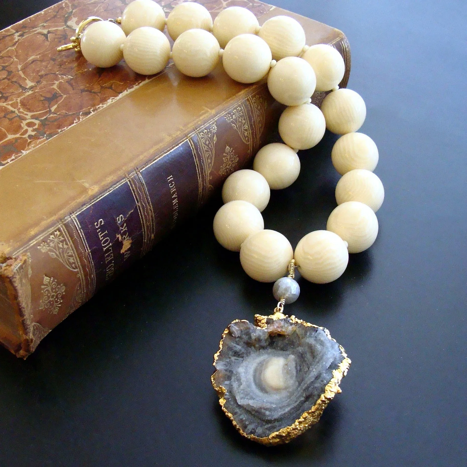 Vintage Celluloid French Ivory and Conchina Druzy Pendant Necklace - Mitzi Necklace
