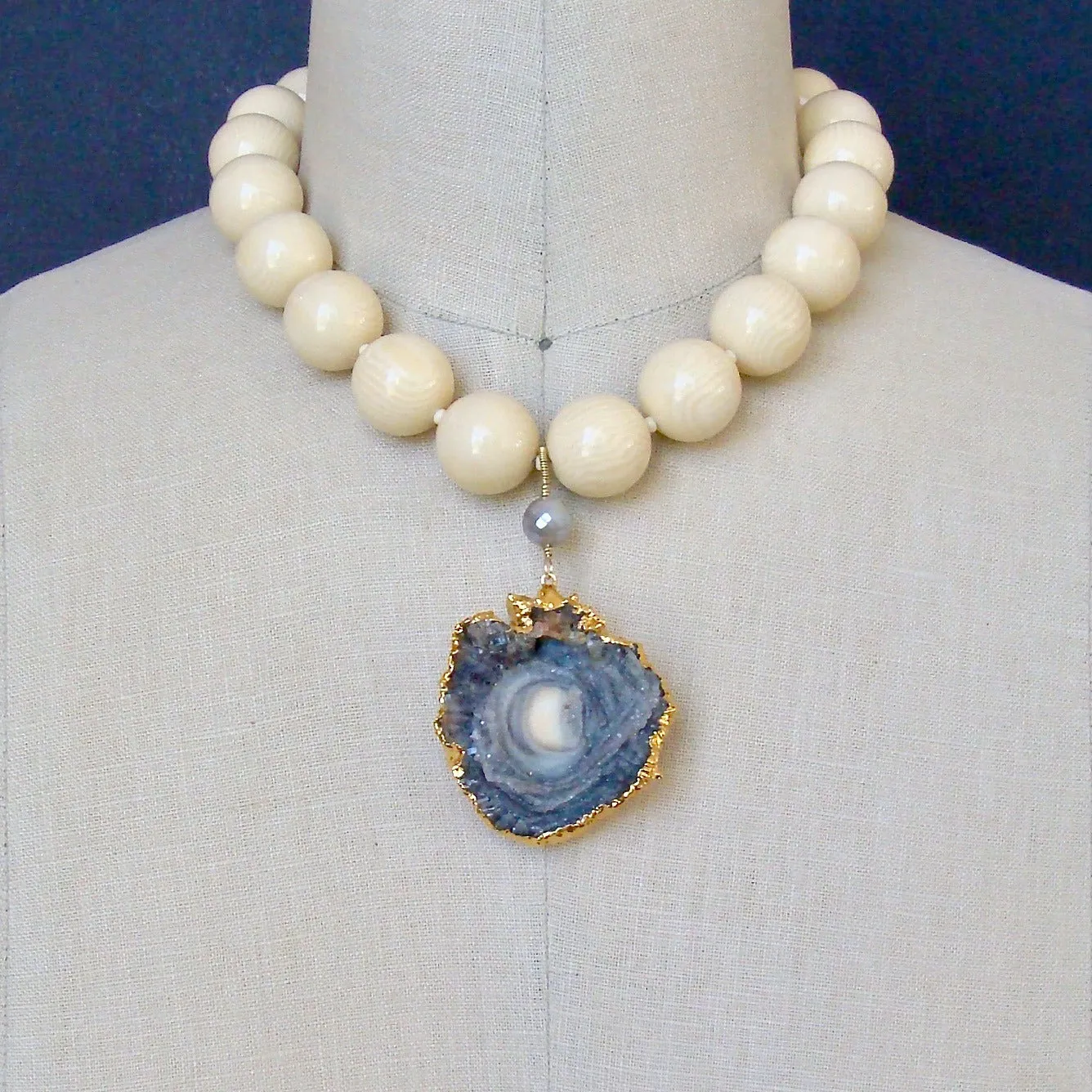 Vintage Celluloid French Ivory and Conchina Druzy Pendant Necklace - Mitzi Necklace