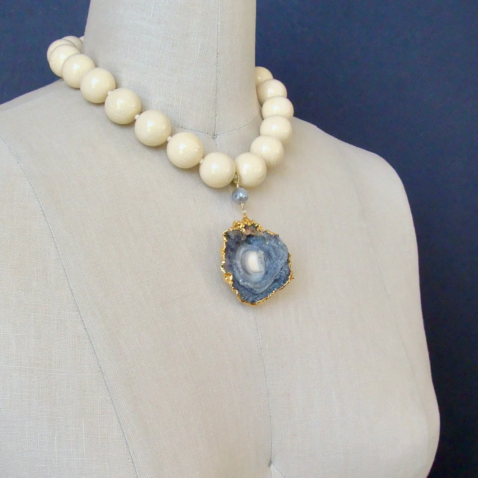 Vintage Celluloid French Ivory and Conchina Druzy Pendant Necklace - Mitzi Necklace